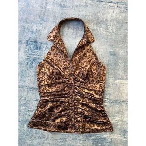 Guess Sexy Leopard Print Satin Button Front Halter Top Medium